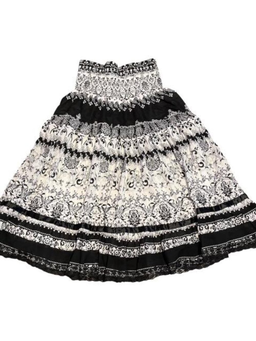 Lapis Bohemian Style Black & White Maxi Skirt Satin Ribbons Lace Size Large